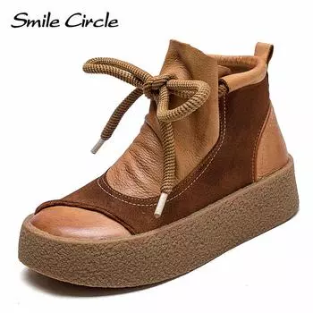 Женские ботинки из натуральной кожи, ботильоны на платформе с круглым носком, модные повседневные ботинки в стиле ретро