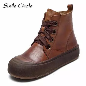 Женские ботинки из натуральной кожи, ботильоны на платформе с круглым носком, повседневные ботинки на толстой подошве в стиле ретро 35 коричневый
