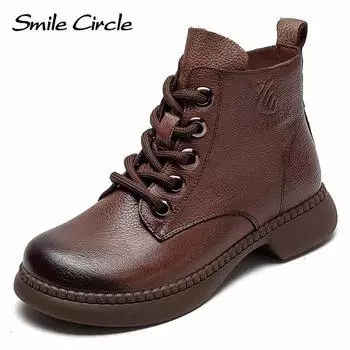 Женские ботинки из натуральной кожи, ботильоны с боковой молнией на шнуровке, винтажная модная повседневная обувь