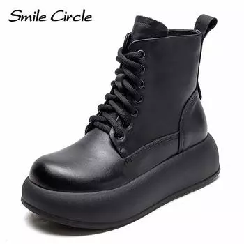 Женские ботинки из натуральной кожи, ботильоны на платформе с боковой молнией, удобные модные ботинки на массивном каблуке 35 чёрный