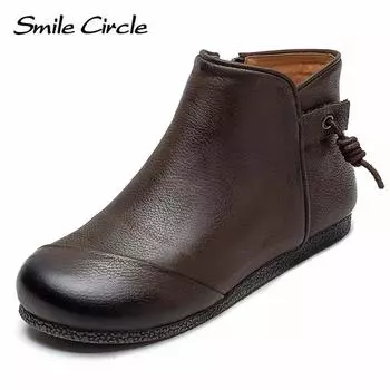 Женские ботинки из натуральной кожи, ботильоны с круглым носком и боковой молнией, модные повседневные туфли на плоской подошве 35 серый