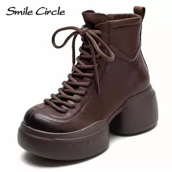 Женские ботинки из натуральной кожи, ботильоны на платформе с круглым носком, модные ретро-сапоги на толстой подошве 35 коричневый