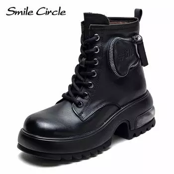 Женские ботинки из натуральной кожи, ботильоны на платформе с круглым носком, модные массивные ботинки