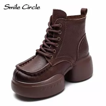 Женские ботинки из натуральной кожи, ботильоны на платформе с круглым носком, повседневные ботинки с толстой подошвой