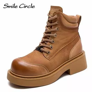 Женские ботинки из натуральной кожи, ботильоны на платформе с круглым носком, модные повседневные ботинки на массивном каблуке