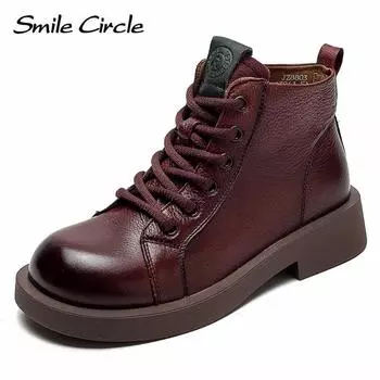 Женские ботинки из натуральной кожи, ботильоны с круглым носком и боковой молнией, винтажная модная повседневная обувь