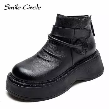 Женские ботинки из натуральной кожи, ботильоны с застежкой-молнией и круглым носком сзади, модные повседневные массивные ботинки