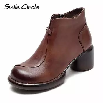 Женские ботинки из натуральной кожи, ботильоны на высоком каблуке с боковой молнией, повседневные модные ботинки на толстой подошве 35 коричневый