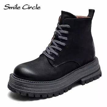 Женские ботинки из натуральной кожи, ботильоны на платформе с круглым носком, модные повседневные ботинки на массивном каблуке