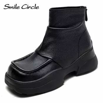 Женские ботинки из натуральной кожи, ботильоны на платформе с квадратным носком, винтажные модные ботинки на толстой подошве