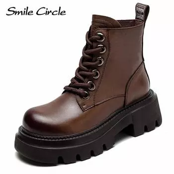 Женские ботинки из натуральной кожи, ботильоны на платформе со шнуровкой, модные ретро-сапоги на толстой подошве