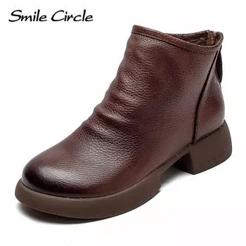 Женские ботинки из натуральной кожи, ботильоны с круглым носком и молнией сзади, винтажная модная повседневная обувь 35 коричневый