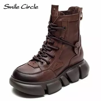 Женские ботинки из натуральной кожи, ботильоны с круглым носком на молнии сзади, модные повседневные ботинки на толстой подошве 35 коричневый