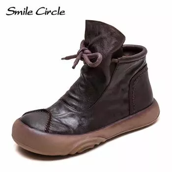 Женские ботинки из натуральной кожи. Ботинки на шнуровке с круглым носком. Модные и удобные повседневные ботинки. 35