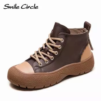 Женские ботинки из натуральной кожи, короткие ботинки со шнуровкой и круглым носком, модные повседневные ботинки 35 коричневый