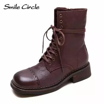 Женские ботинки из натуральной кожи, короткие ботинки со шнуровкой и круглым носком, удобные модные повседневные ботинки 36 коричневый