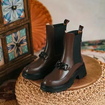 Женские ботинки из натуральной кожи, модные ботинки «Челси» с застежкой-цепочкой, зимние ботильоны на массивном каблуке с круглым носком, женская обувь 35