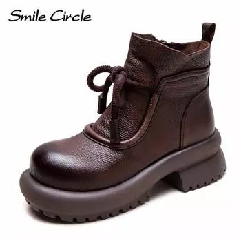 Женские ботинки из натуральной кожи, на шнуровке, с утолщенной подошвой, удобные, модные, повседневные ботинки 35 коричневый