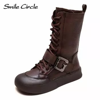 Женские ботинки из натуральной кожи, на шнуровке, с утолщенной подошвой, удобные, модные, повседневные ботинки 35 коричневый