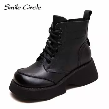 Женские ботинки из натуральной кожи, на шнуровке, с утолщенной подошвой, удобные, модные, повседневные ботинки 35 чёрный