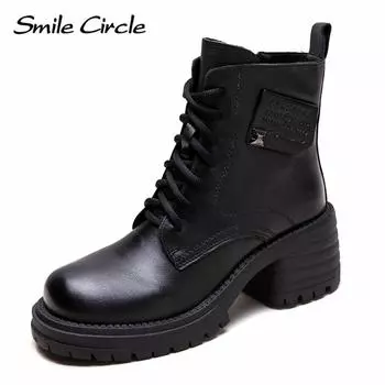 Женские ботинки из натуральной кожи, на шнуровке, с толстой подошвой, удобные, модные, повседневные ботинки 35 чёрный