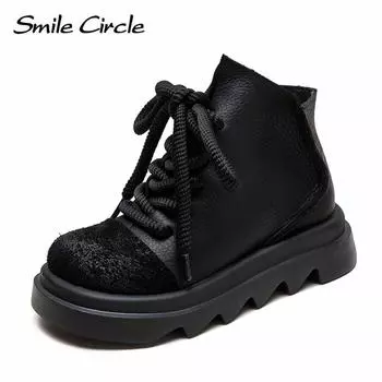 Женские ботинки из натуральной кожи, на шнуровке, с круглым носком, с толстой подошвой, модная удобная повседневная обувь 35 чёрный