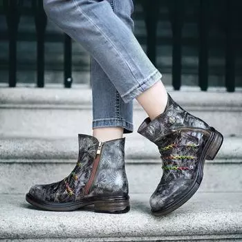 Женские ботинки из натуральной кожи, разноцветные, осенне-зимние, на молнии, с круглым носком, в стиле ретро, ручной работы 37 серебряный