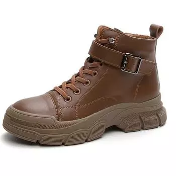 Женские ботинки из натуральной кожи с круглым носком и пряжкой, осенне-зимняя однотонная универсальная женская обувь большого размера в стиле ретро 35