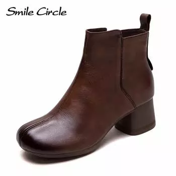 Женские ботинки из натуральной кожи с круглым носком на молнии, модные удобные повседневные ботинки 35 коричневый