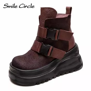 Женские ботинки из натуральной кожи с пряжкой, увеличивающие рост, с толстой подошвой, удобные, модные, повседневные ботинки 34 коричневый