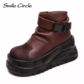 Женские ботинки из натуральной кожи с круглым носком и молнией сбоку, на толстой подошве, модные, удобные, повседневные ботинки 34 коричневый