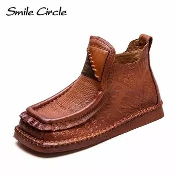 Женские ботинки из натуральной кожи с квадратным носком, модные, удобные, повседневные ботинки 35 коричневый