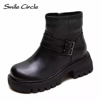 Женские ботинки из натуральной кожи с застежкой-молнией и круглым носком, короткие, удобные, модные, повседневные ботинки 35 чёрный