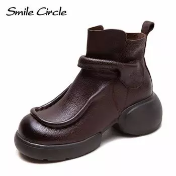 Женские ботинки из натуральной кожи с застежкой-молнией, круглым носком, толстой подошвой, удобные, модные, повседневные ботинки 35 коричневый