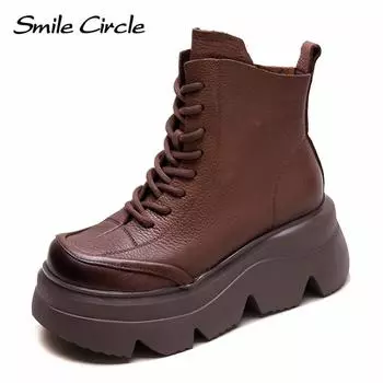 Женские ботинки из натуральной кожи с круглым носком, на шнуровке, с толстой подошвой, удобные, модные, повседневные ботинки 34 коричневый