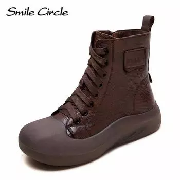 Женские ботинки из натуральной кожи с круглым носком, на шнуровке, с толстой подошвой, удобные, модные, повседневные ботинки 35 коричневый