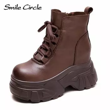 Женские ботинки из натуральной кожи с круглым носком, на шнуровке, с толстой подошвой, удобные, модные, повседневные ботинки 34 коричневый