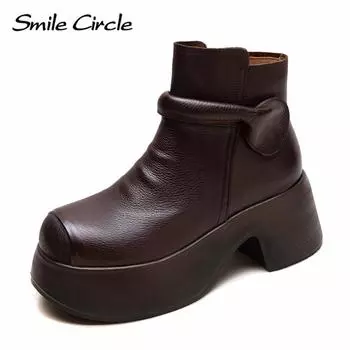 Женские ботинки из натуральной кожи с круглым носком, на молнии, с толстой подошвой, удобные, модные, повседневные ботинки 35 коричневый