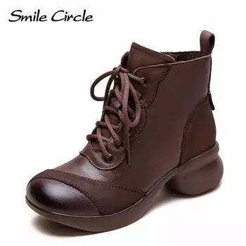 Женские ботинки из натуральной кожи с круглым носком, на шнуровке, с толстой подошвой, удобные, модные, повседневные ботинки 35 коричневый