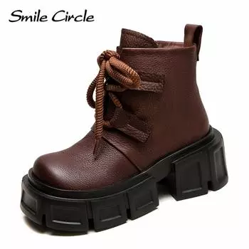 Женские ботинки из натуральной кожи с круглым носком, на шнуровке, с толстой подошвой, удобные, модные, повседневные ботинки 35 коричневый
