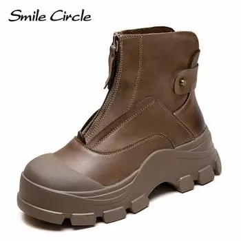 Женские ботинки из натуральной кожи с круглым носком, на молнии, с толстой подошвой, удобные, модные, повседневные ботинки 35