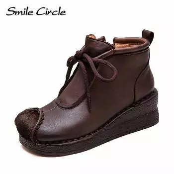 Женские ботинки из натуральной кожи с круглым носком, на шнуровке, с толстой подошвой, удобные, модные, повседневные ботинки 35 коричневый