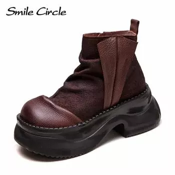 Женские ботинки из натуральной кожи с круглым носком, на молнии, с толстой подошвой, удобные, модные, повседневные ботинки 34 коричневый