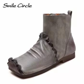 Женские ботинки из натуральной кожи с квадратным носком, на молнии, короткие, удобные, модные, повседневные ботинки 35 серый