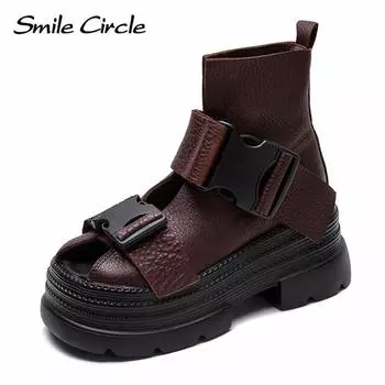 Женские ботинки из натуральной кожи с пряжкой, высокие, толстые, модные, повседневные, ботильоны 35 коричневый