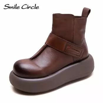 Женские ботинки из натуральной кожи с застежкой-молнией, круглым носком, толстой подошвой, удобные, модные, повседневные ботинки 35 коричневый