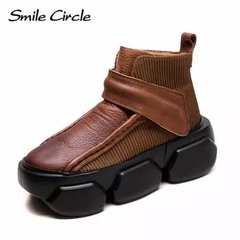 Женские ботинки из натуральной кожи с круглым носком и пряжкой на толстой подошве. Удобные модные повседневные ботинки. 34 коричневый