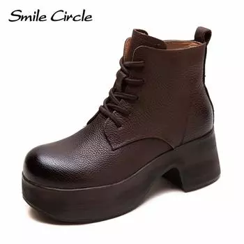 Женские ботинки из натуральной кожи с круглым носком, на шнуровке, с толстой подошвой, удобные, модные, повседневные ботинки 35 коричневый