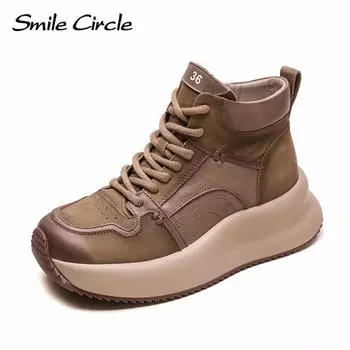 Женские ботинки из натуральной кожи с круглым носком, на шнуровке, с толстой подошвой, удобные, модные, повседневные ботинки 35