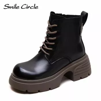 Женские ботинки из натуральной кожи с круглым носком, на шнуровке, с толстой подошвой, удобные, модные, повседневные ботинки 35 чёрный